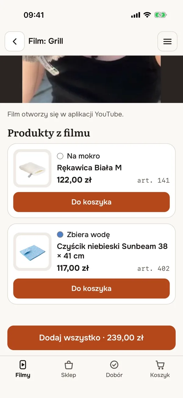 Aplikacja zyciebezchemii.pl – produkty z filmu Grill i przycisk Dodaj wszystko