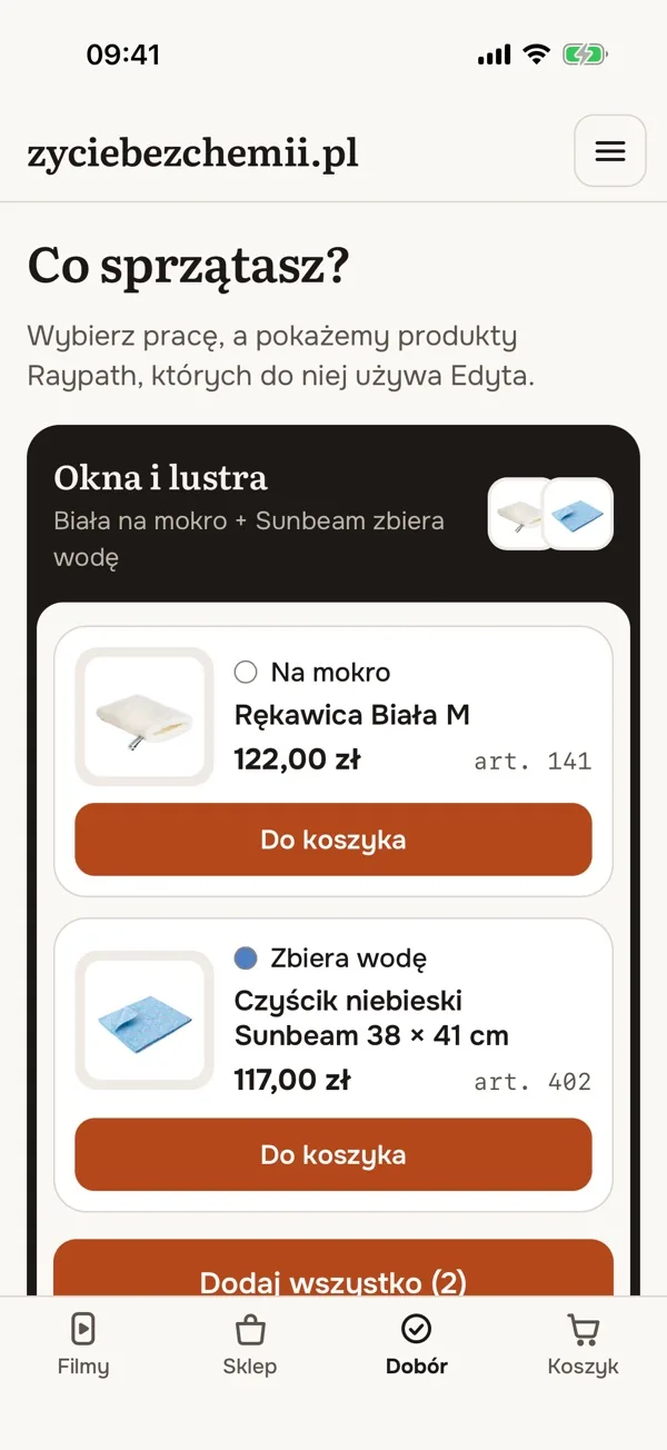 Aplikacja zyciebezchemii.pl – zakładka Dobór: Co sprzątasz?