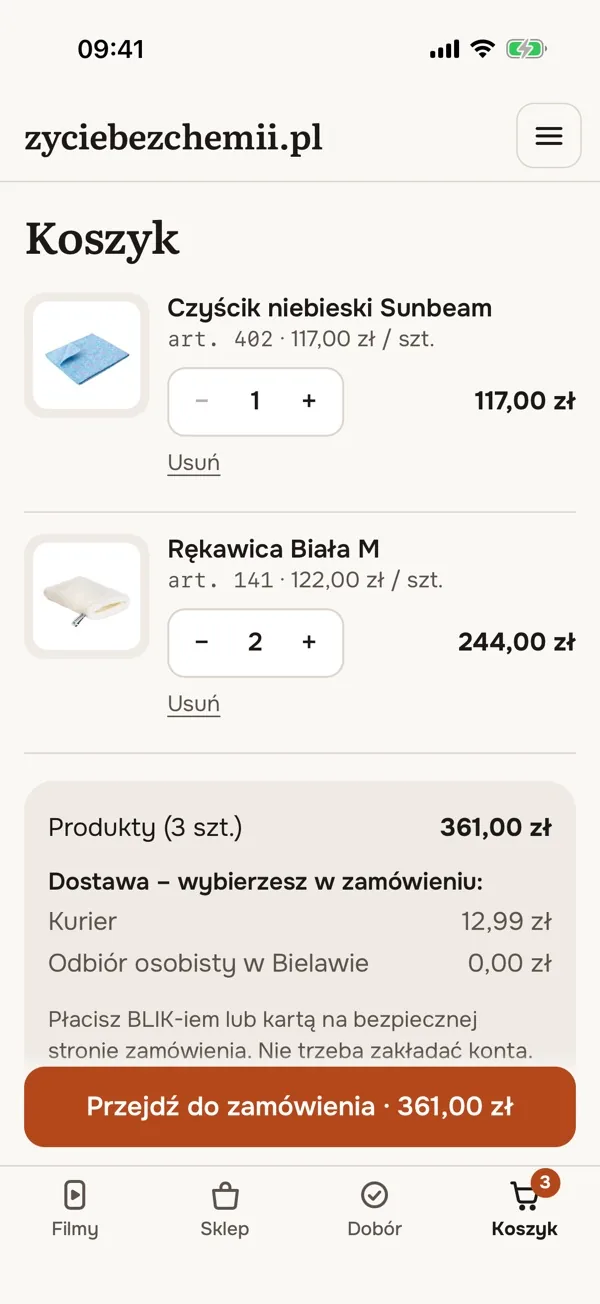 Aplikacja zyciebezchemii.pl – koszyk i przycisk Przejdź do zamówienia